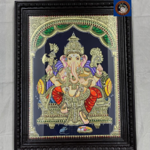 Ganesha seated on throne Tanjore painting with green drape arch, black beaded wooden frame