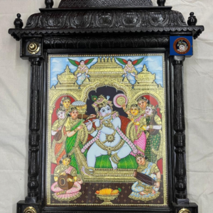 Krishna playing flute with gopikas Tanjore painting in carved wooden mandapam frame