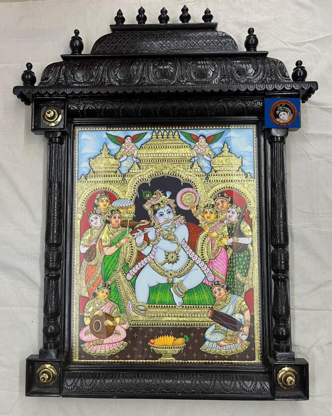 Krishna playing flute with gopikas Tanjore painting in carved wooden mandapam frame