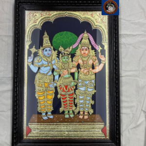 Meenakshi Kalyanam Tanjore painting with Meenakshi, Shiva and Vishnu, black wooden frame